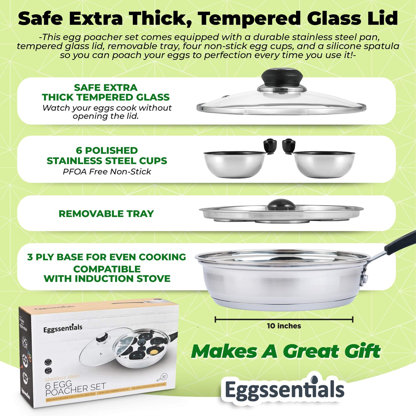 Eggssentials Egg Poacher Pan Nonstick Poached Egg Maker, Stainless Steel Egg Poaching Pan, Poached Eggs Cooker Food Grade Safe PFOA Free with Spatula, Egg Poachers Cookware