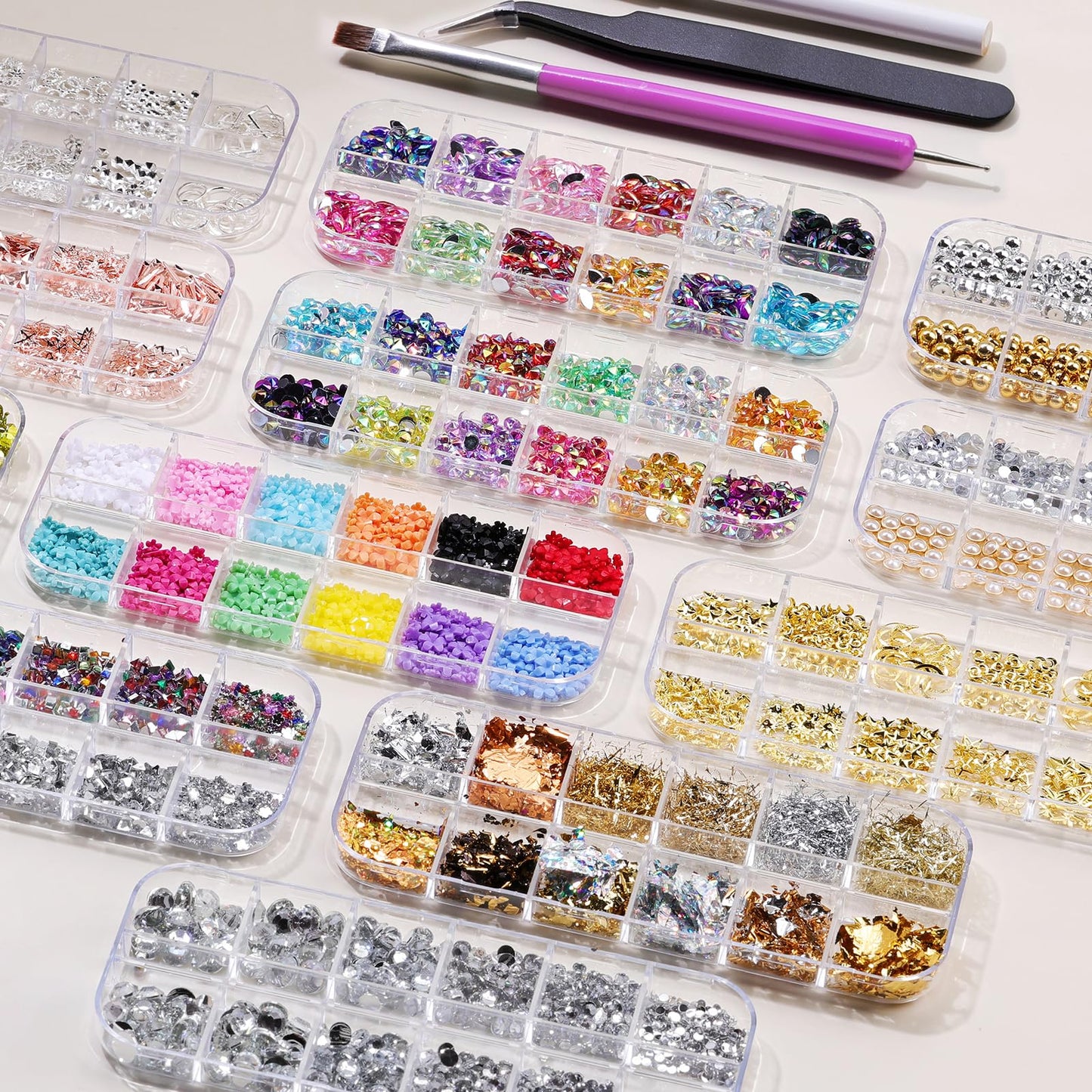 12 Boxes Nail Rhinestones Gems Kit,Gold/Silver Metal Studs,Mixed Sizes Flatback Crystals Rhinestones,Half Pearls,Sequins,Foil Flakes with Tweezers & Dotting Tools for DIY Manicure