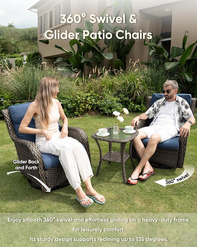 7-Piece Outdoor Wicker Patio Furniture Set with Swivel Glider Chairs,Loveseat, Coffee Table & Ottomans 5” Olefin Cushions Ergonomic Neck-Lumbar Backrest All-Weather Rattan for Garden, Deck, Porch