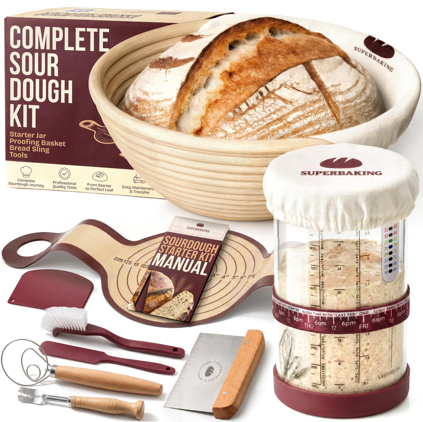 Superbaking Sourdough Starter Kit, 9" Splinter-Free Banneton Bread Proofing Basket Set with Non-Stick Silicone Dough Sling & Glass Starter Jar Kit, Sourdough Bread Baking Supplies, Sourdough Tools