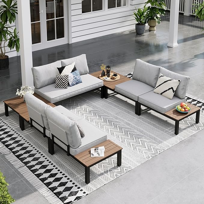 Sophia & William Outdoor Sectional Sofa 7 Piece Metal Outdoor Sectional Furniture Couch Patio Conversation Set with Cushions-4 x Single Sofa with Side Table, 1 x Loveseat, 2 x Tea Table