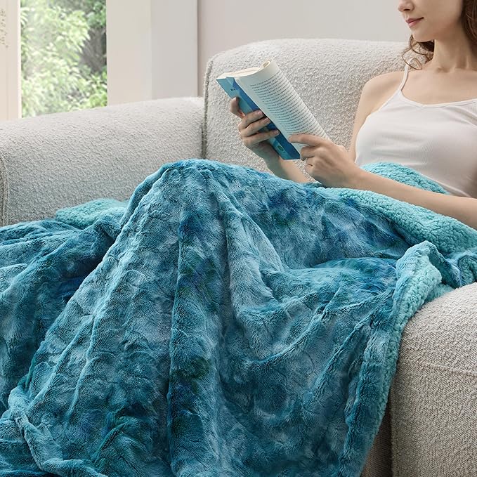 Bedsure Sherpa Blanket Twin Size - Soft, Fuzzy & Fluffy Faux Fur - Warm, Cozy Blanket for Couch, Sofa and Bed, Tie Dye Design, Teal, 60x80 Inches