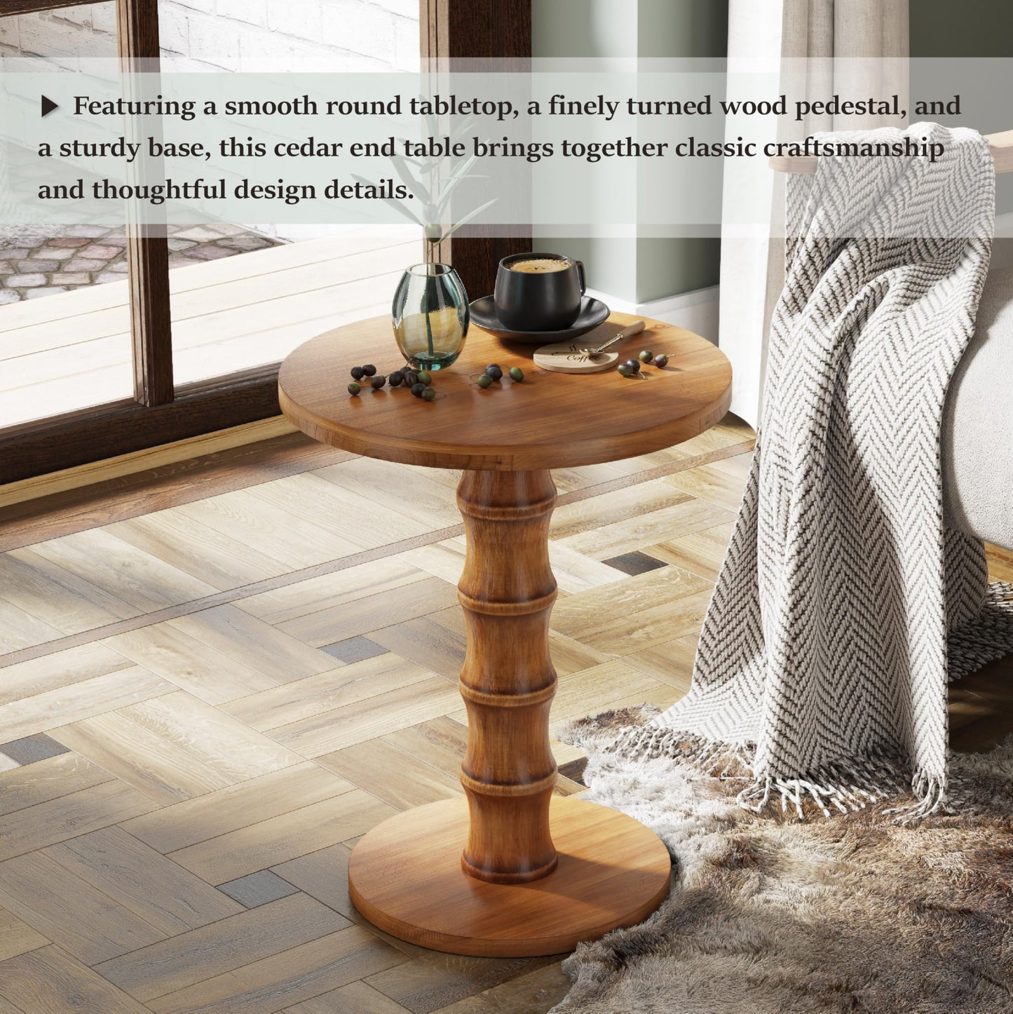 COZAYH Solid Cedar Pedestal End Table with Turned Wood Base, Round Wooden Side Table, Small Space Accent Table for Living Room or Entryway, Warm Natural