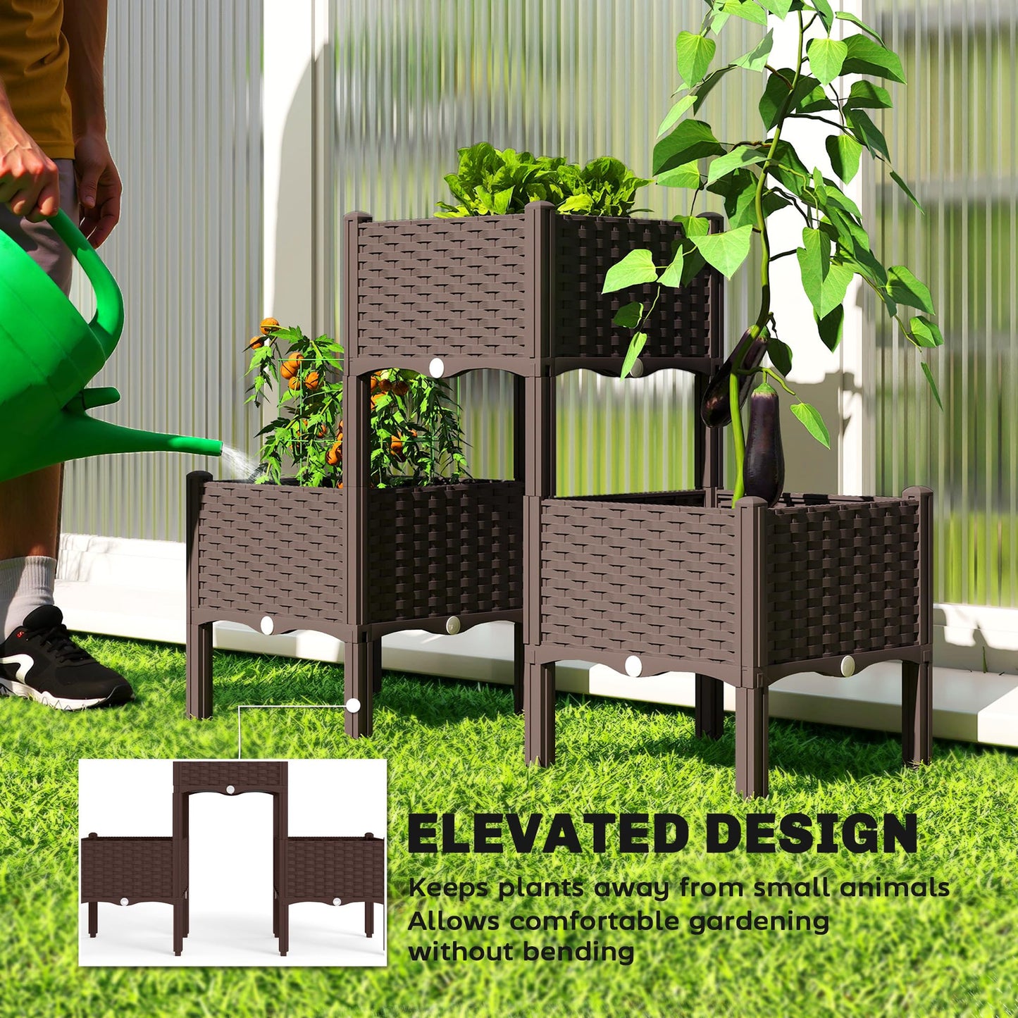 Outsunny Plastic Raised Garden Bed with Legs, Self Watering Elevated Planter Boxes with Drainage Holes and Plugs, Easy Assembly Outdoor Planter Box for Patio Yard Balcony, Vegetables, Flowers, Herbs