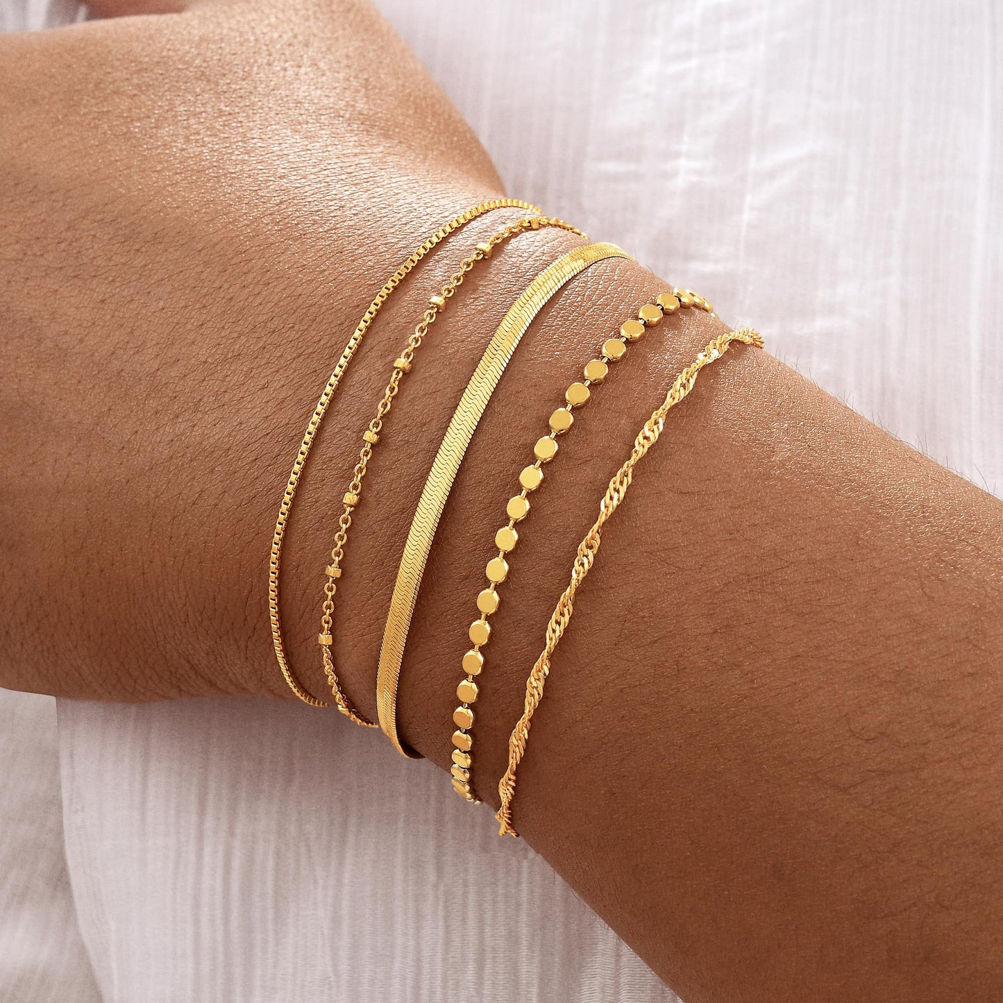Striviio Gold Bracelets for Women, 14K Gold Plated Stackable Bracelet Stack Set Adjustable Charm Small Square Chain Snake Link Layered Waterproof Jewelry Sets Gifts