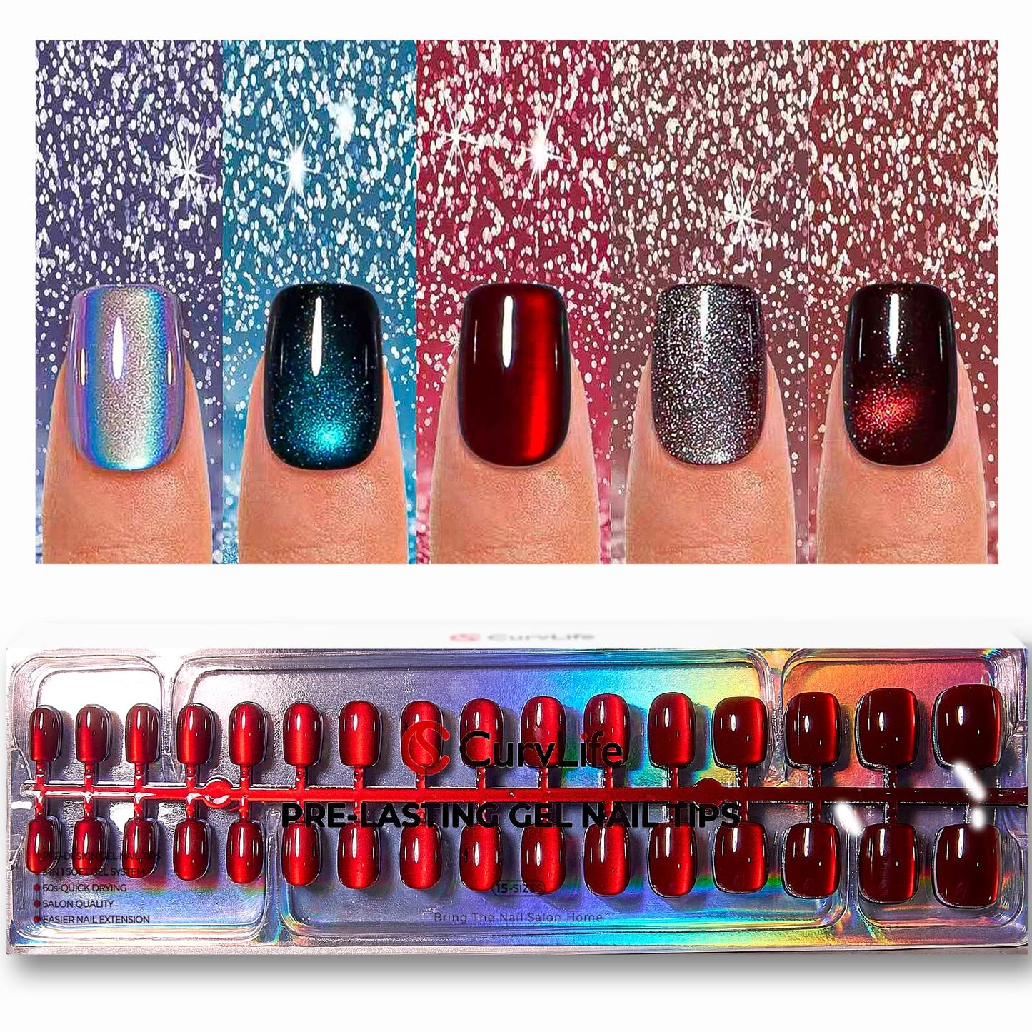CurvLife Soft Gel Cat Eye Short Press On Nails Square, 160Pcs 32Size Full Cover Nail Tips, Glossy Glitter Light-Chasing Design, Reusable Stick On Nails for Women & Girls