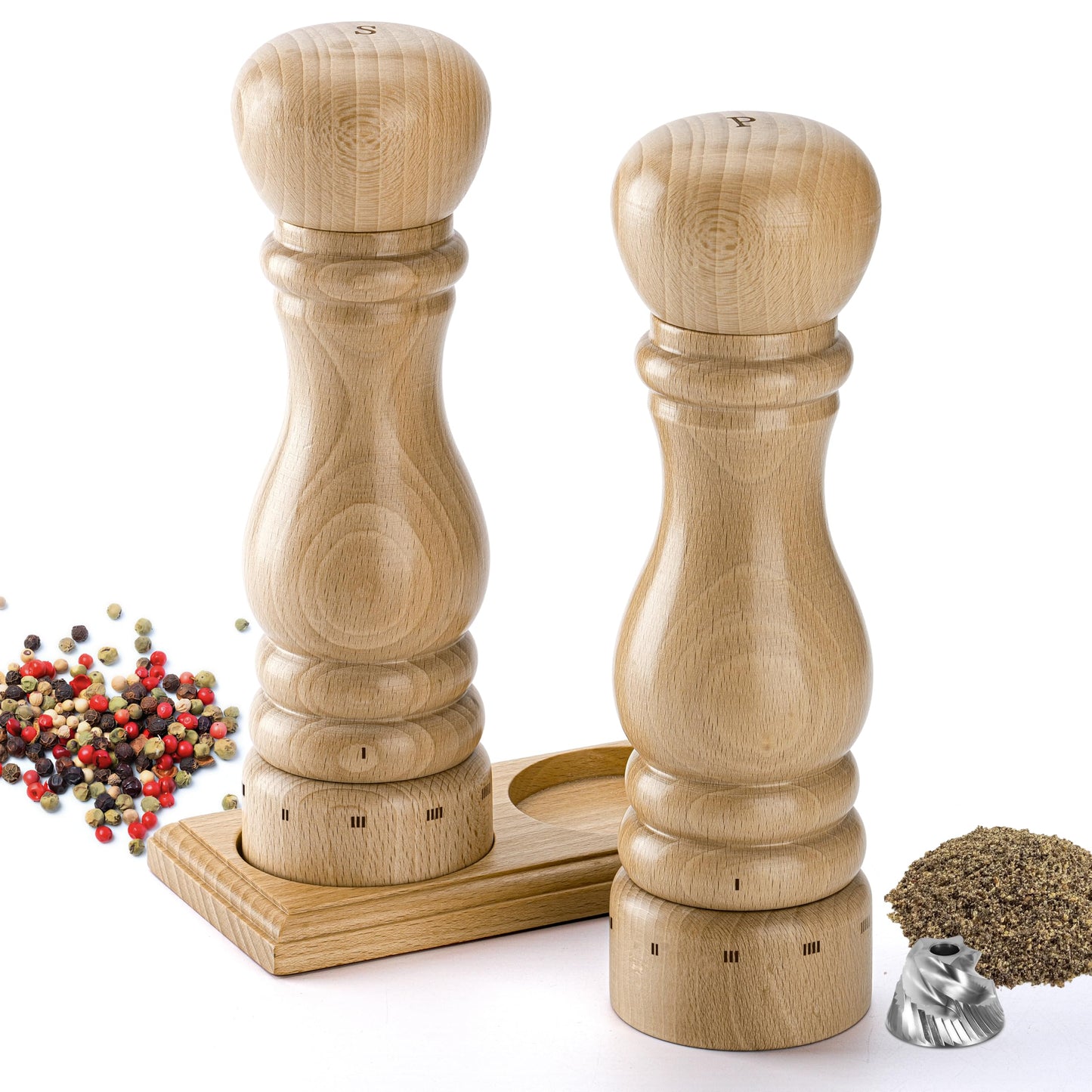 Aurevit Wooden Salt and Pepper Grinder Set, Manual Salt and Pepper Mill with Ceramic/Stainless Steel Core, Refillable Salt Grinder with External Adjustable Coarseness, 9” Tall (Beech)