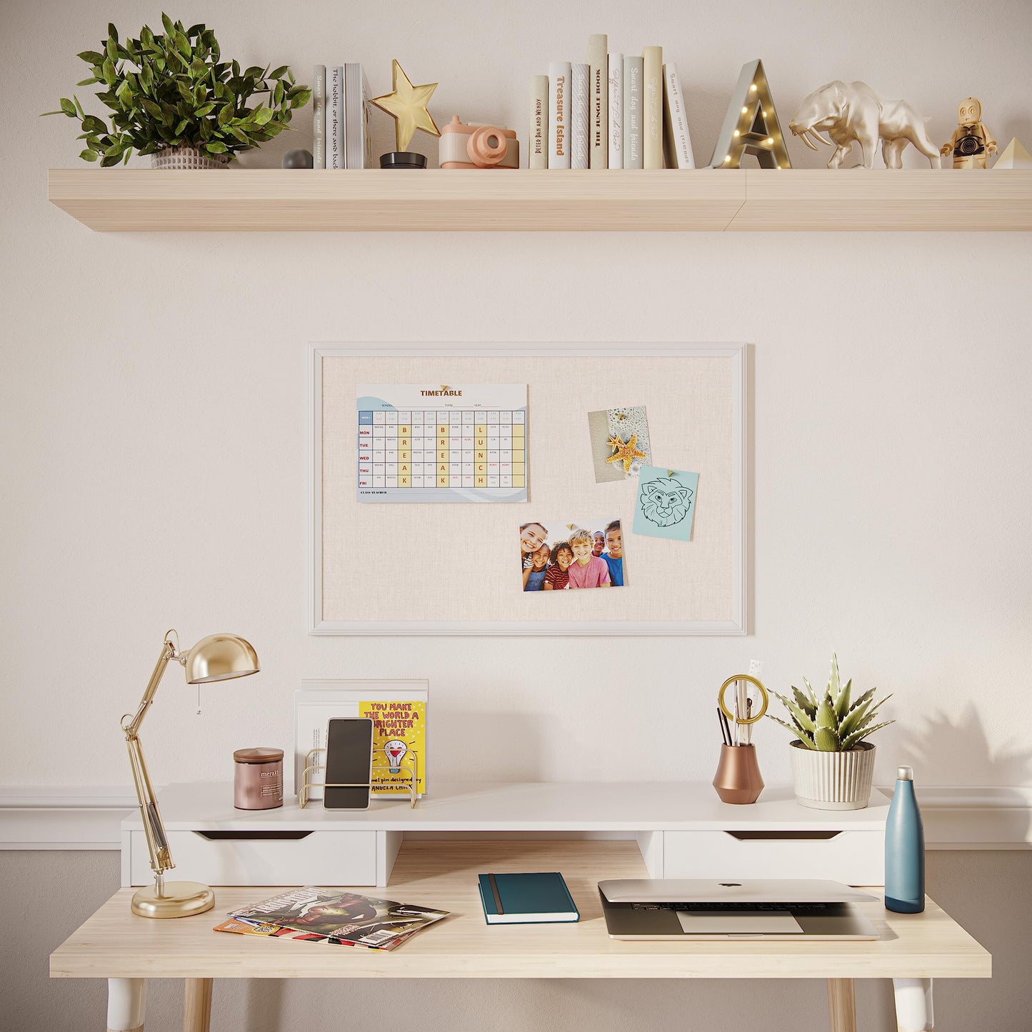 U Brands Farmhouse Linen Bulletin Board, 30" x 20", White Wood Frame, Wall Mounted Pin Board for Home Office, Classroom & Kitchen, Includes Push Pins