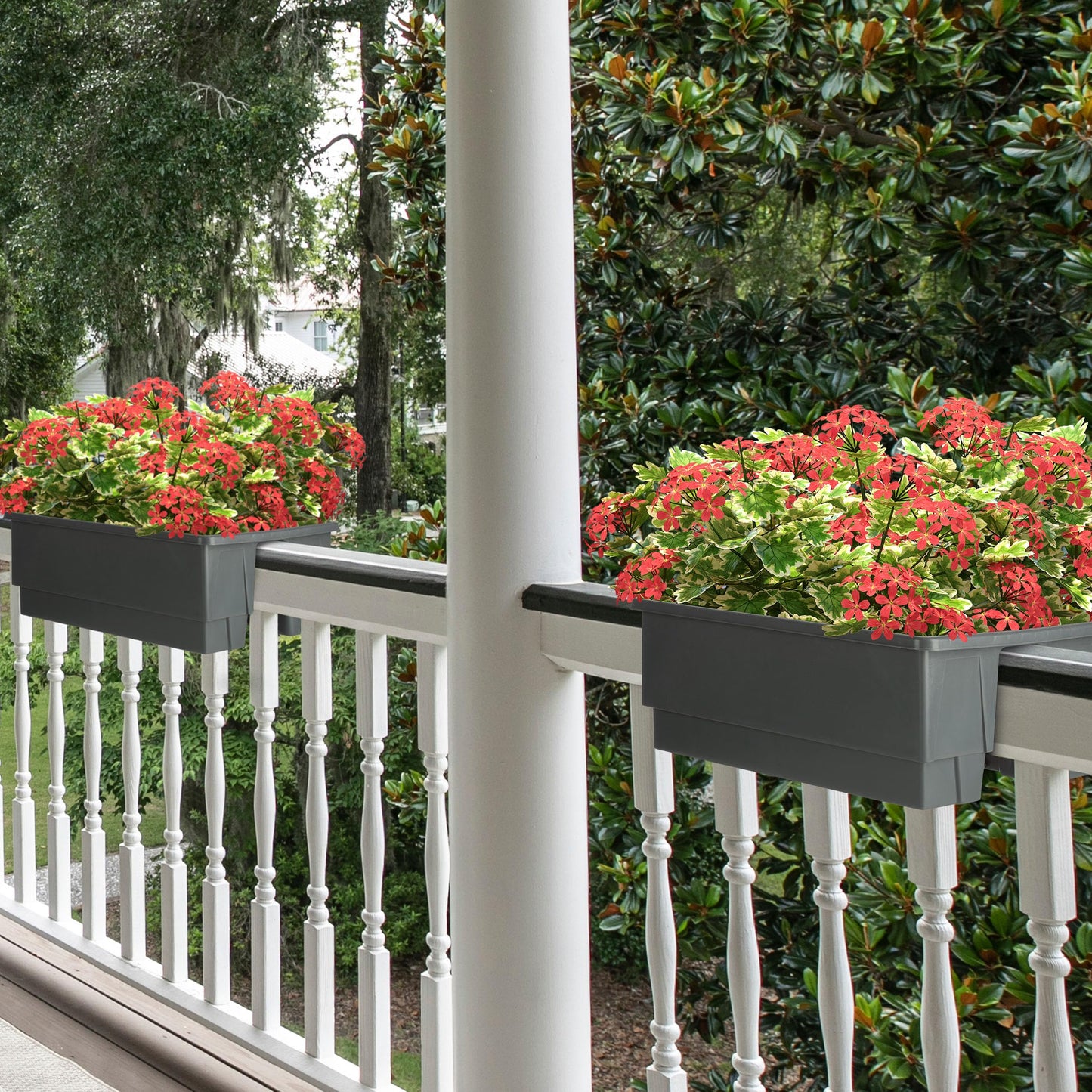 Railing Planter Box 2-Pack - 20.75-Inch Flower Boxes with Removable Drainage Inserts - 6-Gallon Outdoor Planters for Porch, Deck, or Balcony Decor, Fits Rail 3” - 4” by Pure Garden (Gray)