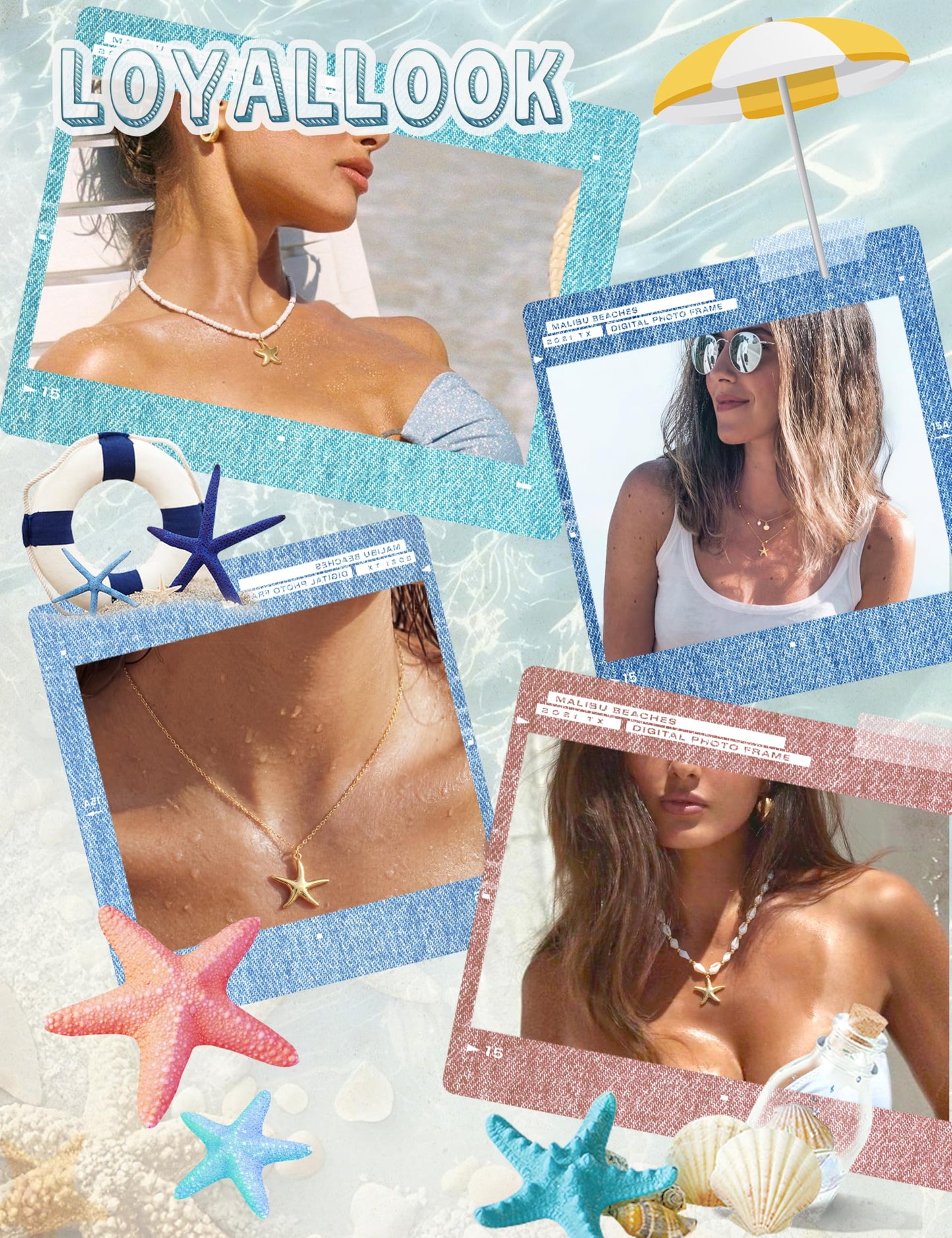 LOYALLOOK Shell Starfish Necklace for Women, 14k Gold Plated Dainty Layered SeaShell Starfish Charm Necklace Stack, Non Tarnish Waterproof Gold Beach Accessories for Summer Vacation