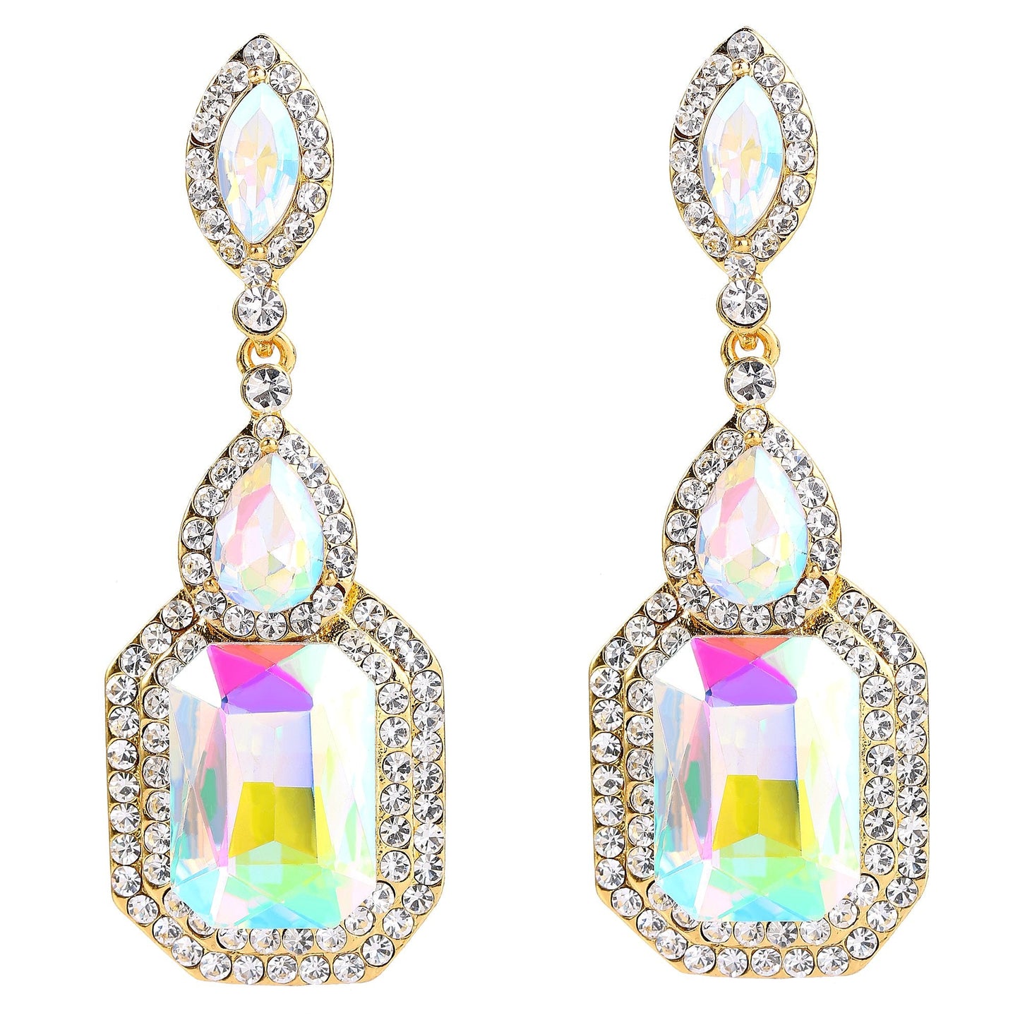 BriLove Women's Wedding Bridal Dangle Earrings Emerald Cut Crystal Infinity Figure 8 Chandelier Jewelry Iridescent AB w/Clear Gold-Toned