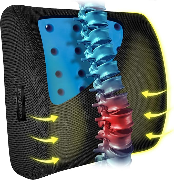 Goodyear Pure Memory Lumbar Support Pillow – Premium Memory Foam Back Support Cushion for Office Chair, Car Seat & Recliner – Ergonomic Lower Back Relief, Breathable Mesh Cover, Adjustable Strap