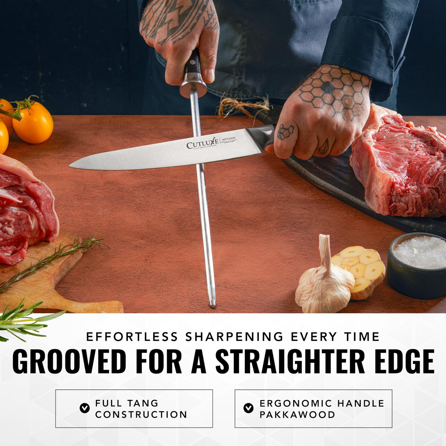 Cutluxe Honing Rod, Sharpening Steel for Kitchen Knives – 12" Honing Steel – Ergonomic Handle Design – Artisan Series