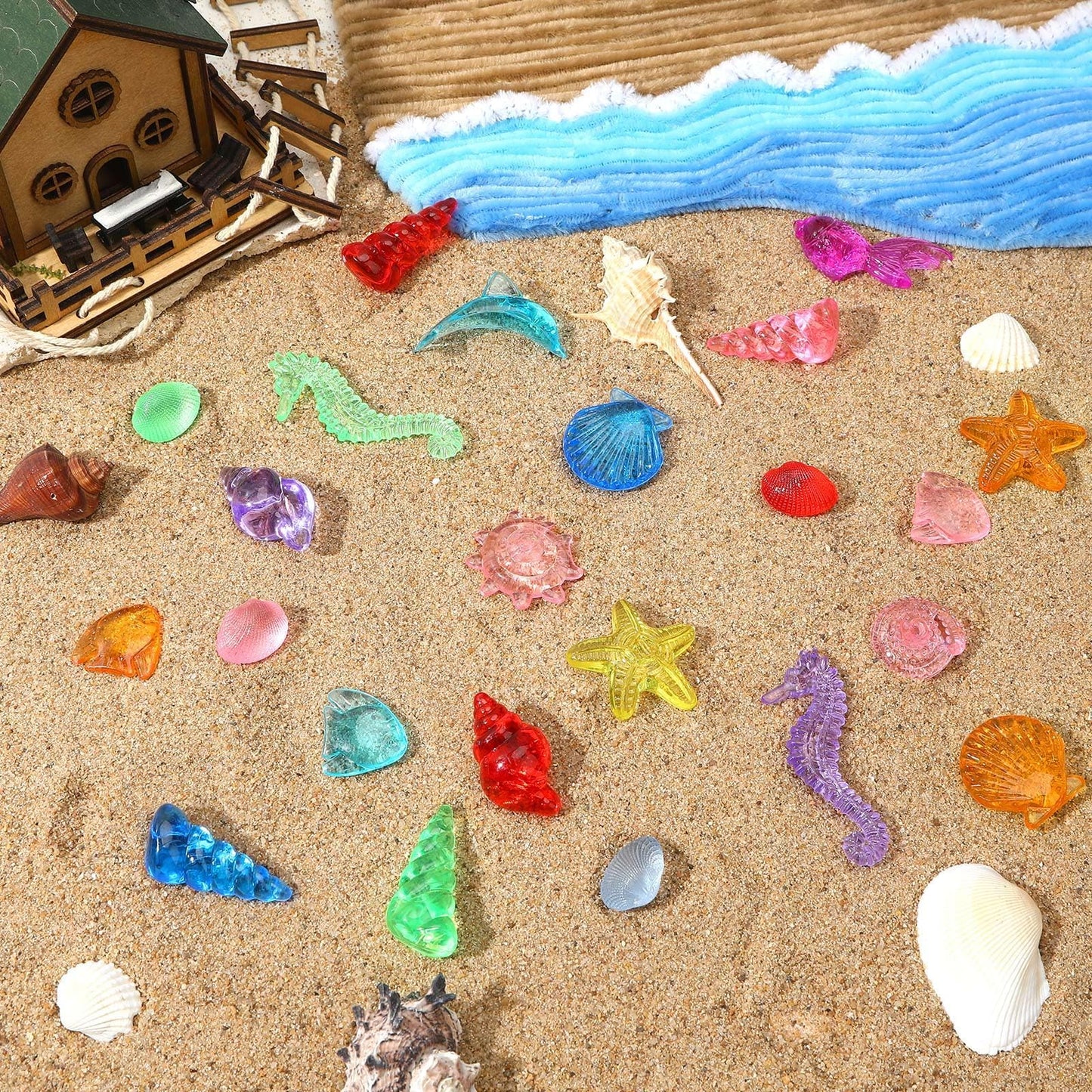 120 Pcs Acrylic Sea Shell Decorations, Ocean Themed Sensory Bin Fillers 3D Gems for Table Scatter Vase Filler and Pool Treasure Hunt Games