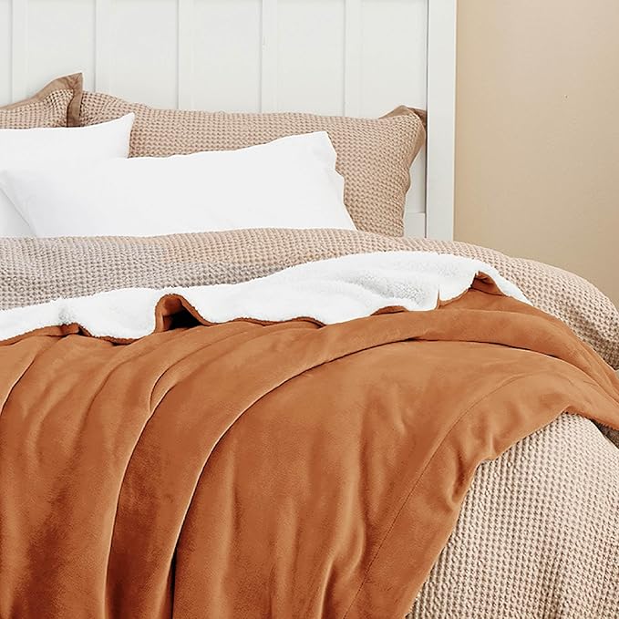 Bedsure Sherpa Fleece Blankets Queen Size for Bed - Thick and Warm, Soft Fuzzy Plush Queen Blanket for Winter, Burnt Orange, 90x90 Inches