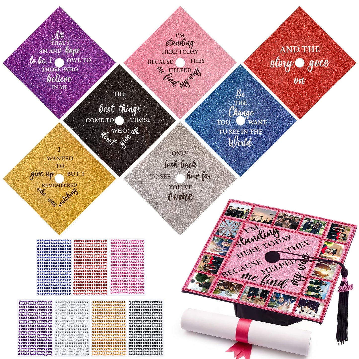 Gersoniel 14 Pcs DIY Photo Graduation Cap Topper Decorations with 7 Sheet Pearl Stickers 2026 Personalized Glitter Printed Design Inspirational Cap Topper Decal for Graduation Craft Accessories Decor