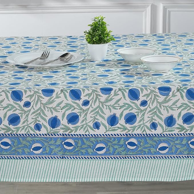Ridhi Hand Block Print Queen Blue Rectangle Cotton Tablecloth 160" x 72" Reusable Table Cover Decorative Everyday Use for Dining, Farmhouse, Home Gift for Spring, Easter, Valentine