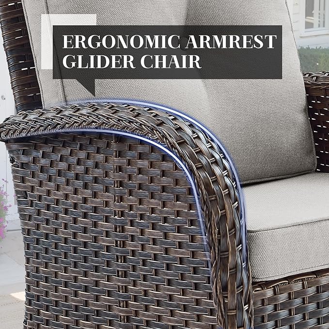 HUMMUH 5 Pieces Wicker Patio Furniture Set,Outdoor Swivel Gliders Rocker,Patio Ottomans,Glass Top Side Table,Outdoor Conversation Set for Porch Deck Backyard Poolside