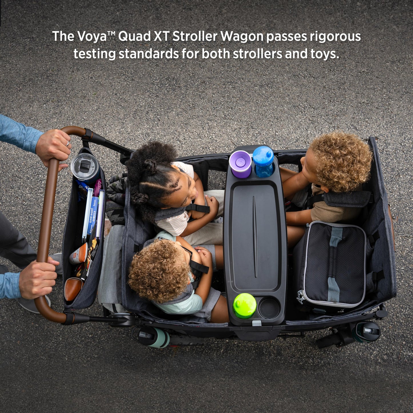 Radio Flyer Voya XT Quad Stroller Wagon, for Ages 6+ Months, Extra Tall Sides, Push or Pull, 4 Seats, Dual Sun Canopies, Compact Fold, Storage Space, 5-Point Harnesses, Stroller Wagon for Kids