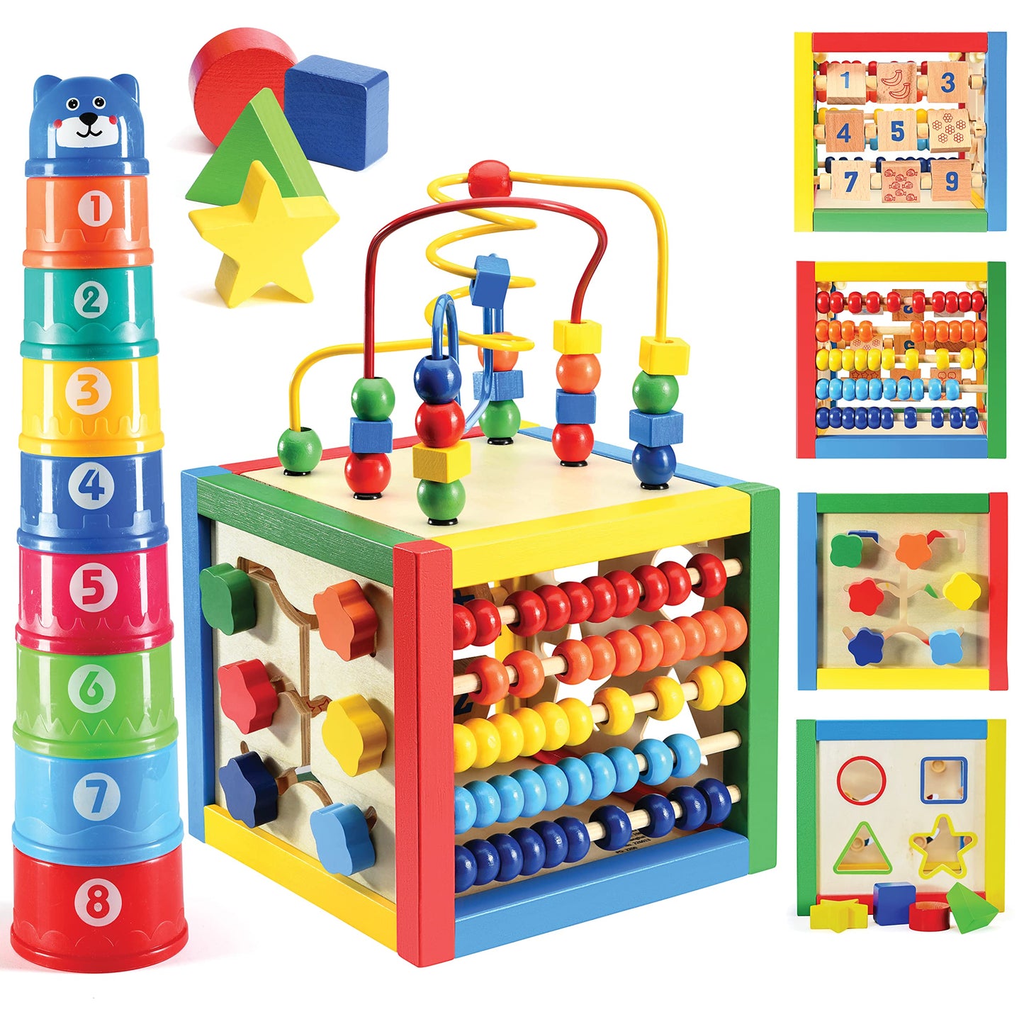 Play22 Wooden Activity Cube for Baby - 6 in-1 Baby Activity Play Cube with Bead Maze, Shape Sorter, Abacus Counting Beads, Counting Numbers, Sliding Shapes, Removable Bead Maze, 8Pcs Stacking Cups