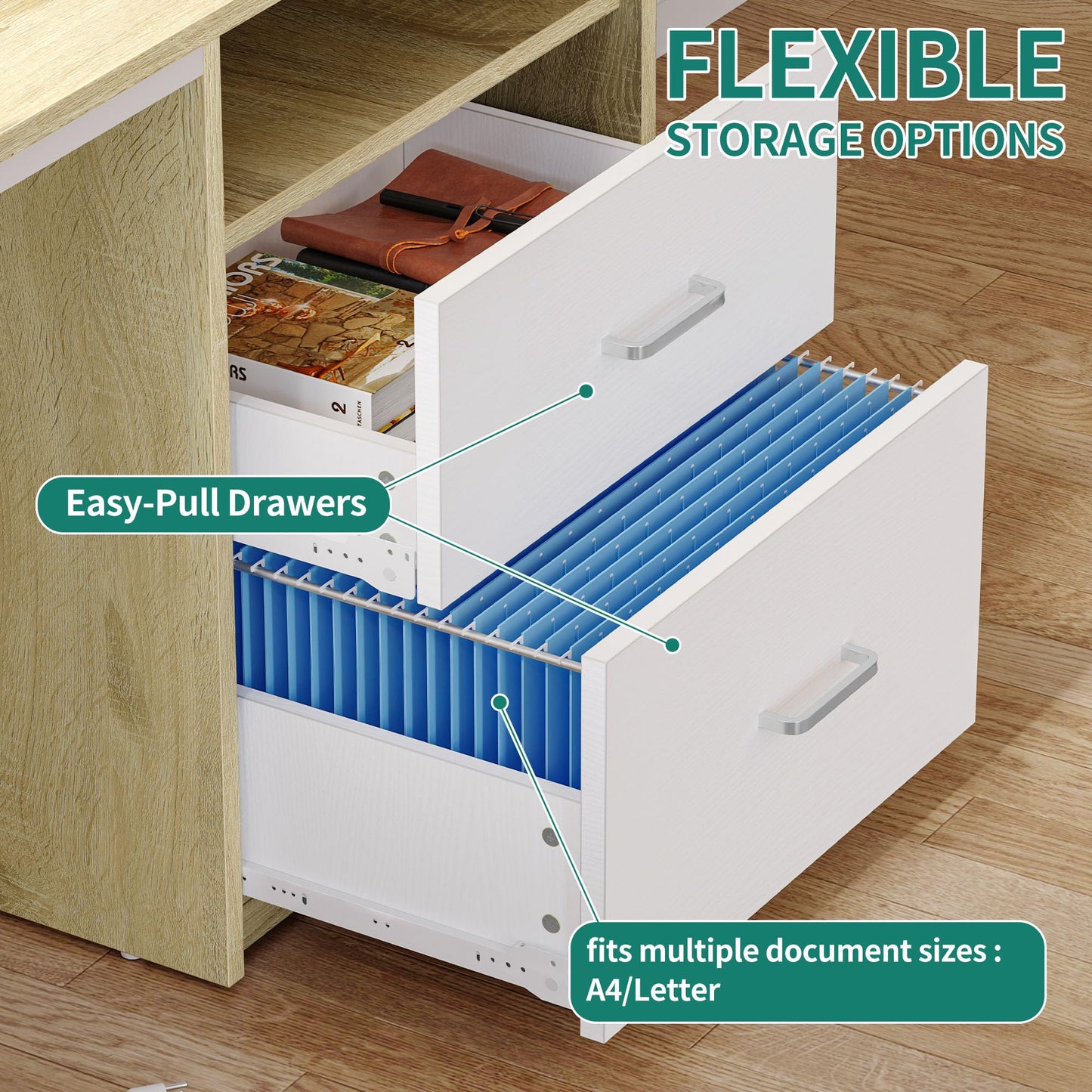 DWVO Computer Desk with Drawers, 47.2" Office Desk with Power Outlets & LED Light, Home Office Desk with Storage Shelves, White & Oak