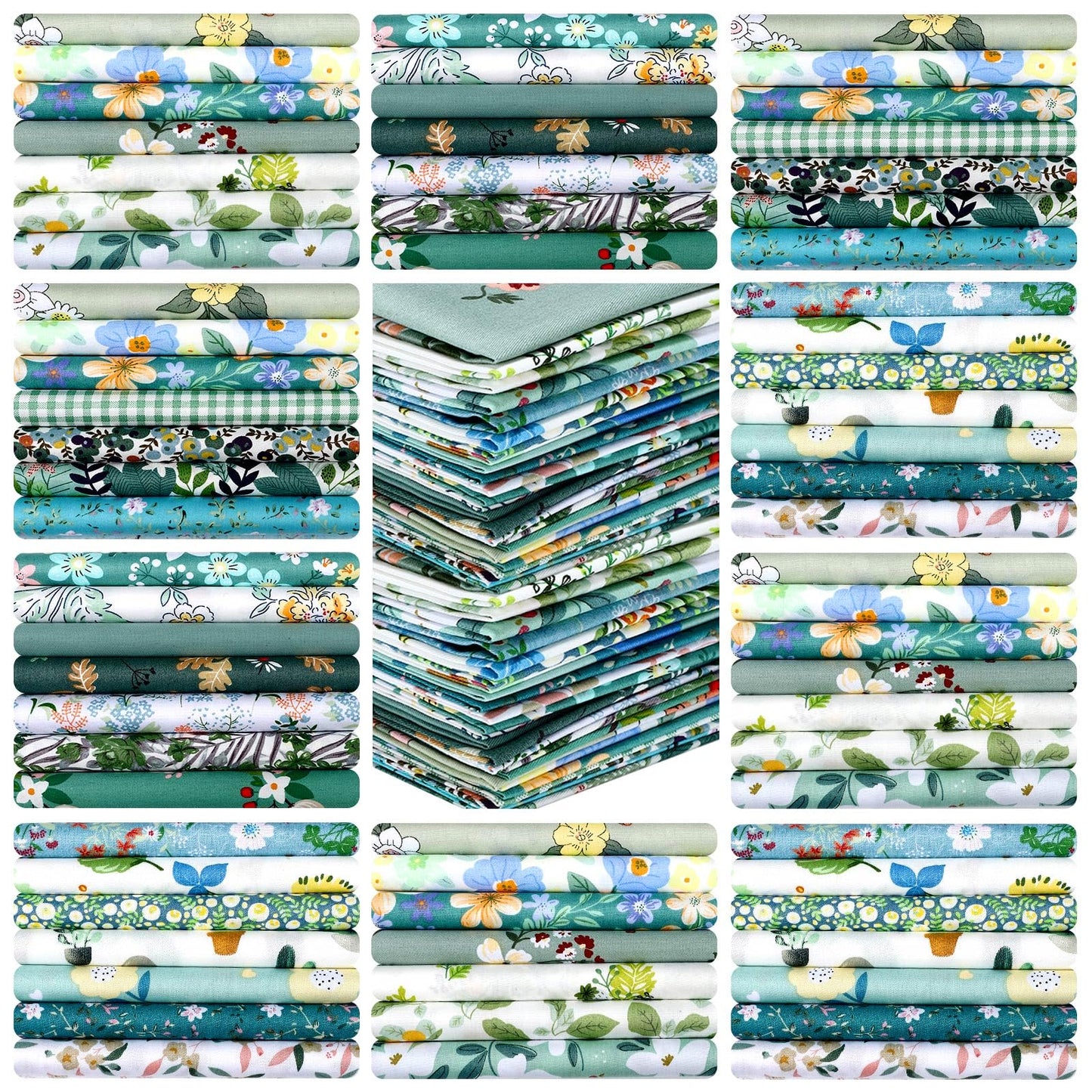 Tudomro 70 Pcs 10 x 10 Inch Green Floral Cotton Fabric Square for Quilting Sage Mint Green Sewing Precut Fabric Bundle Assorted Flower Printed Patchwork Materials for Holiday DIY Craft Handmade Cloth