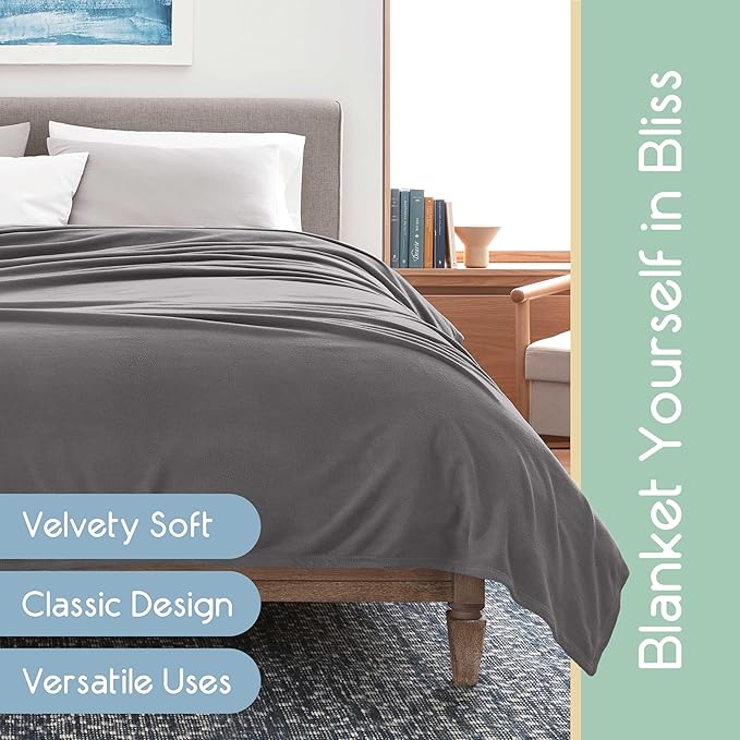 Soft Microfleece Blanket | Queen Size | All-Season Comfort | Super Soft Lightweight Throw | Plush for Bed, Couch, or Travel | Pet-Friendly | Gray