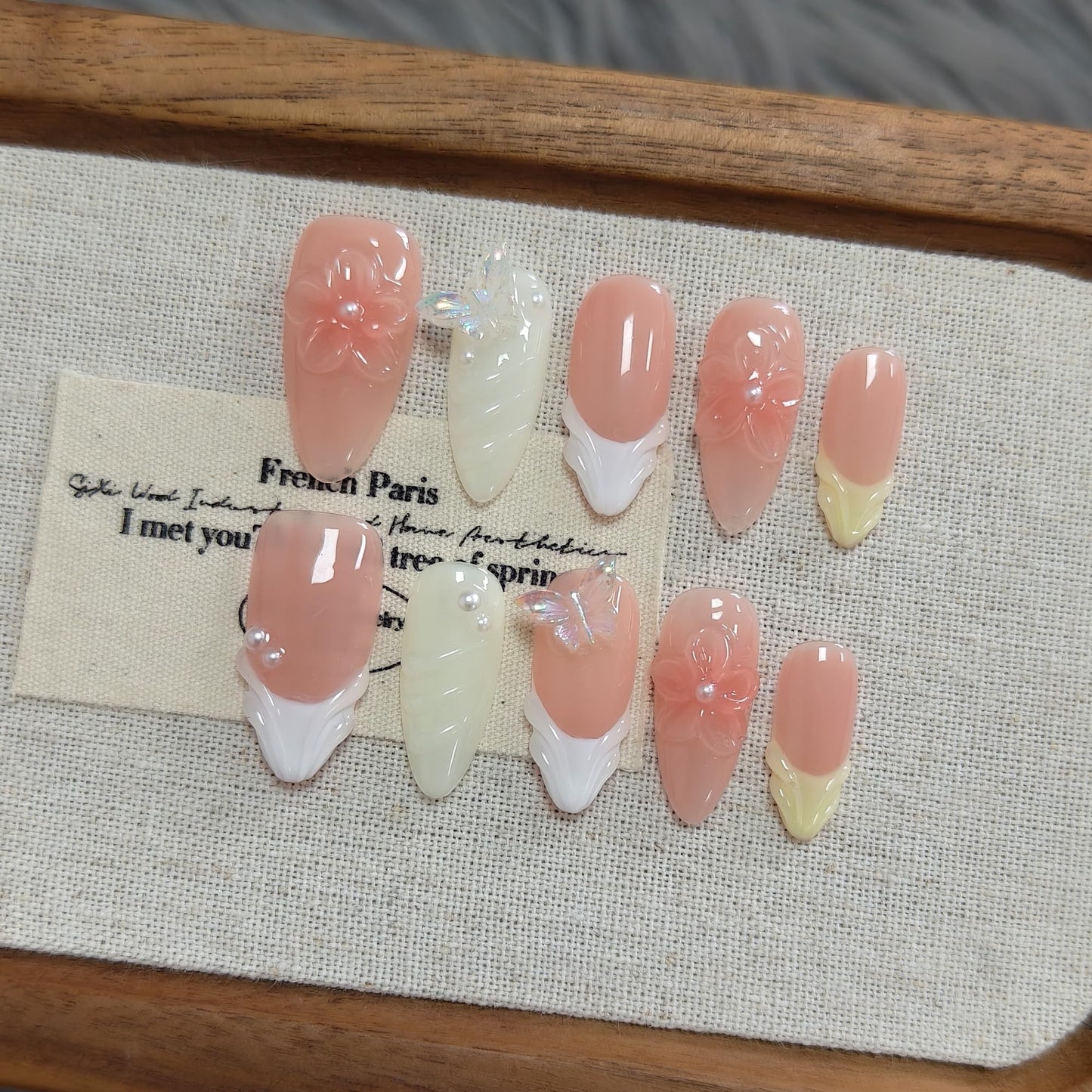 TENPAL Handmade Warm Yellow Blush French Tips Press on Nails Medium Almond with 3D Butterfly & Wave,Handmade & Reusable, Sheer Flattering False Nails for Everyday Summer Wear(M)