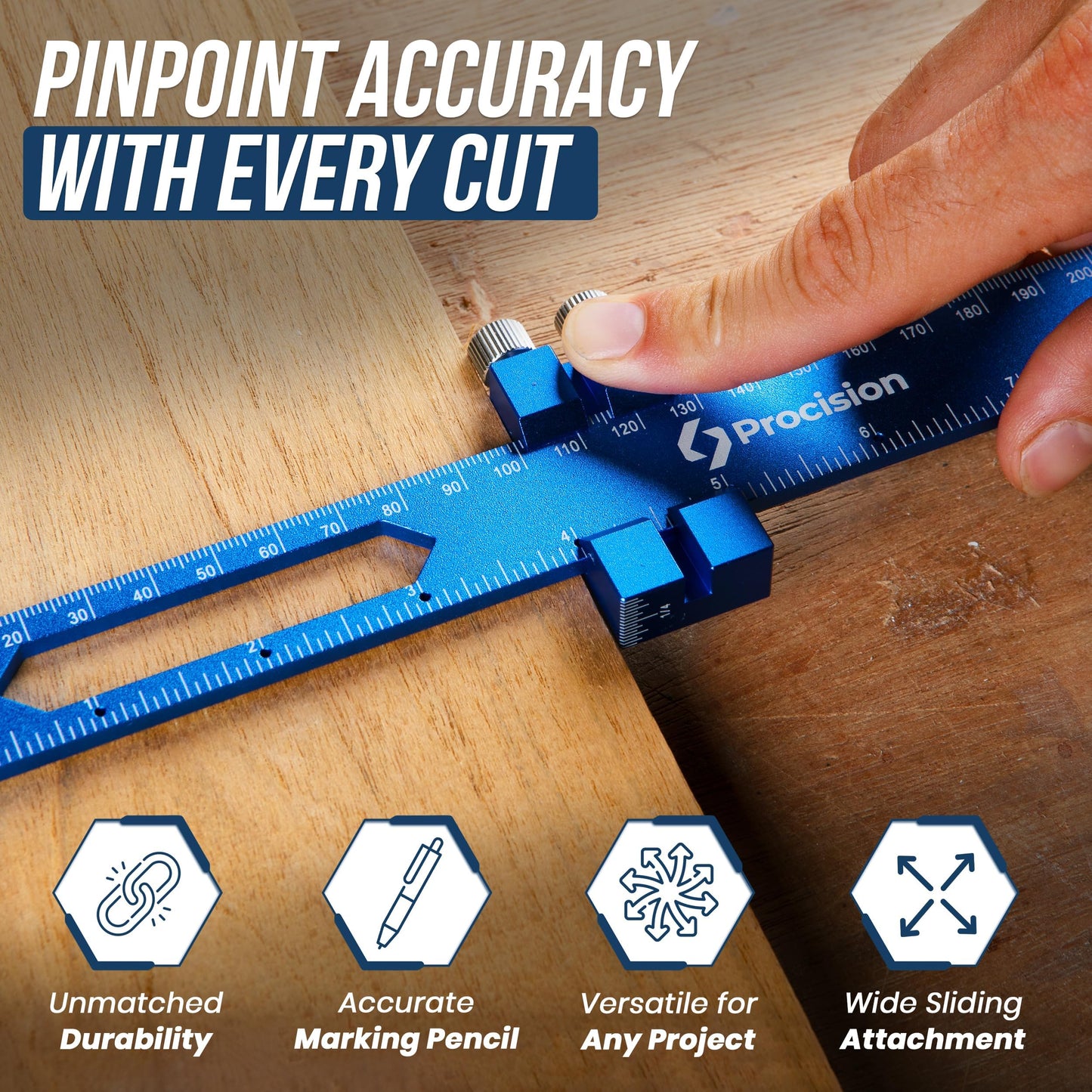 ELEON Precision Woodworking Ruler, Set of 3 (12, 8, 6 Inch) - Precise Woodworking Pocket Tool with Extra Wide 2" Sliding Attachment - Slide T-Square Scribing Kit Plus Mechanical Pencil - Aluminium