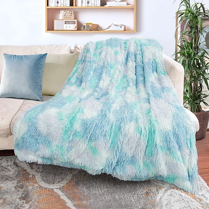 Tuddrom Decorative Extra Soft Faux Fur Throw Blanket,Solid Reversible Fuzzy Lightweight Long Hair Shaggy Blanket,Fluffy Cozy Plush Fleece Comfy Microfiber Fur Blanket for Couch Sofa Bed,Tie Dye Blue
