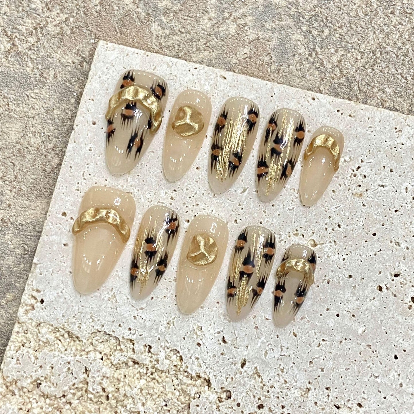 NLSJMP Handmade Press on Nails,Acrylic Fake Nails Kit,Luxury glitter brown leopard Design Nail Art Kit,Reusable False nails,Include Toolkit,10pcs,Size S，#864