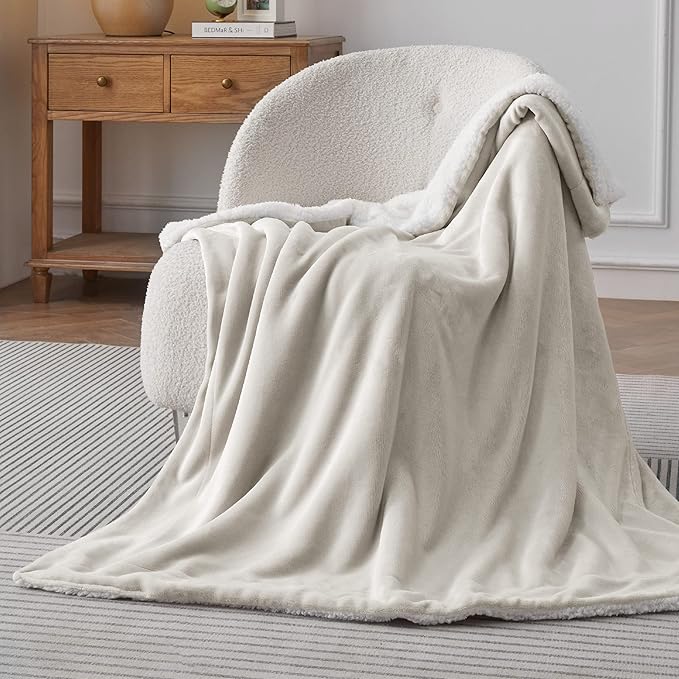 Bedsure Sherpa Fleece Throw Blanket for Couch - Thick and Warm, Soft Fuzzy Plush Throw Blanket for Winter, Linen, 50x60 Inches