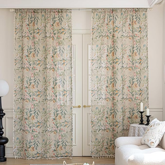 Floral Sheer Curtains 102 inch Long, Fringed Edges and Textured Semi Sheer Curtains Large Window Treatments for Living Room/Bedroom, 2 Panels