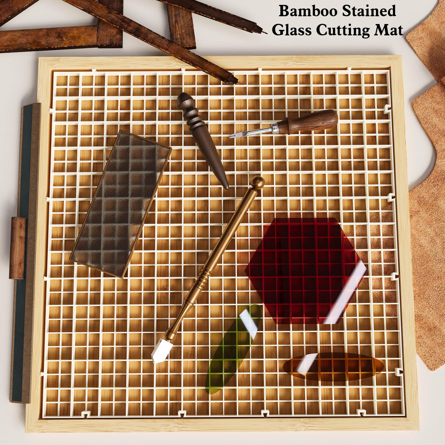 CAMATET 12"x12" Stained Glass Cutting Mat, 2 In 1 Bamboo Stain Cutting Board for Crafting, Stained Glass Tools and Supplies