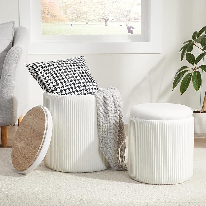 Royal Windsor Round Ottoman with Storage Set of 2,Vanity Stool with Storage for Bedroom, Ottoman Coffee Table,Small Velvet Foot Stool for Living Room, White