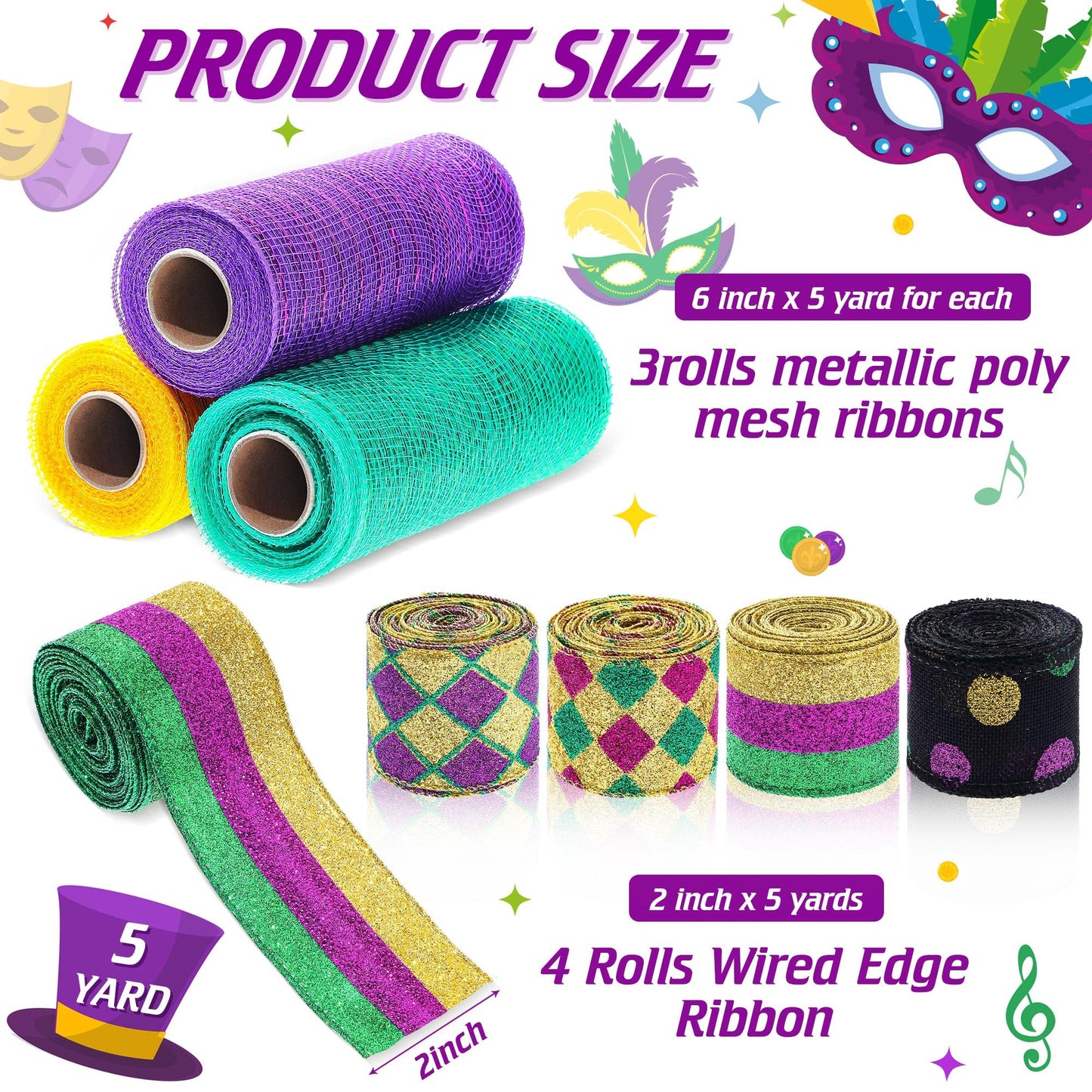 Jutom 7 Rolls 35 Yards Mardi Gras Wired Edge Ribbons Metallic Poly Mesh Purple Gold and Green Stripe Ribbon Glitter Metallic Wrapping Decor for Mardi Gras Masquerade Party Decoration