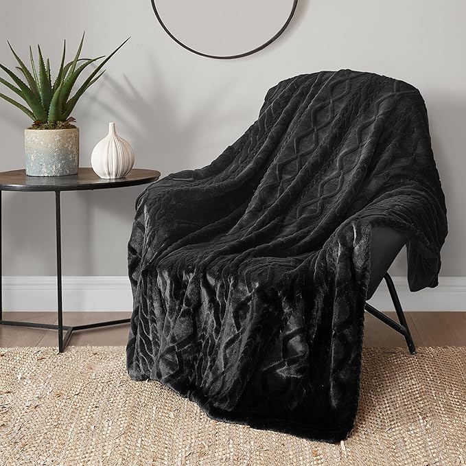 Lucky Brand Embossed Cable Rabbit Faux Fur Throw Blanket - Black - 50"X70" - Plush & Soft