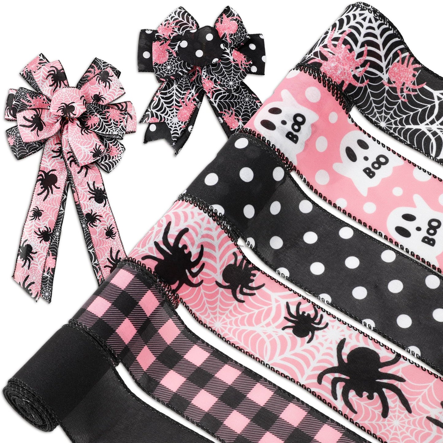 Whaline 6 Roll Halloween Wired Edge Ribbon Ghost Boo Spider Web Ribbon Pink Black Fabric Ribbons for Wreath Bow Making DIY Crafts Wrapping, 30 Yard