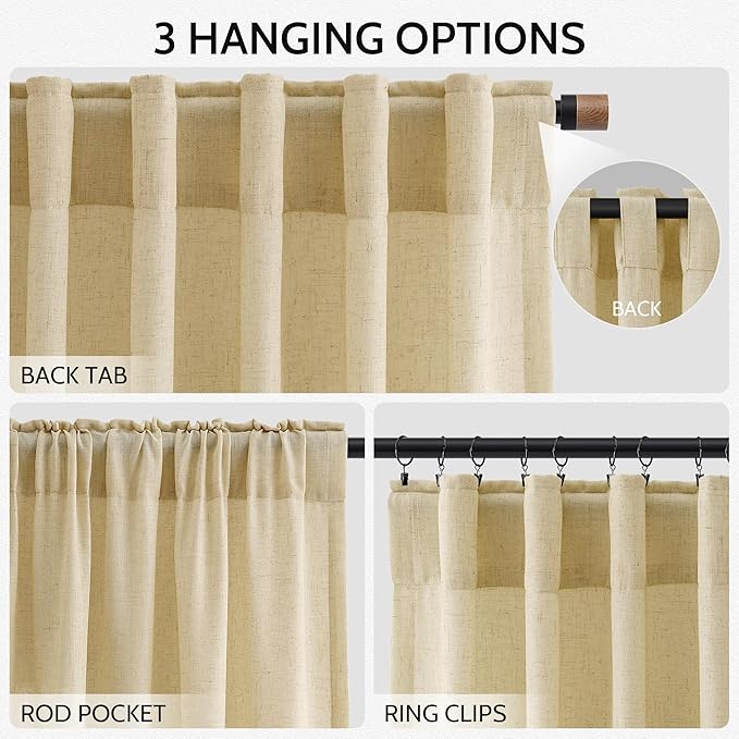 Nanspring Cream Yellow Linen Curtains 102 Inches Long for Living Room Light Filtering Modern Farmhouse Sheer Curtains Back Tab and Rod Pocket Curtain for Bedroom Office 52x102, 2 Panels
