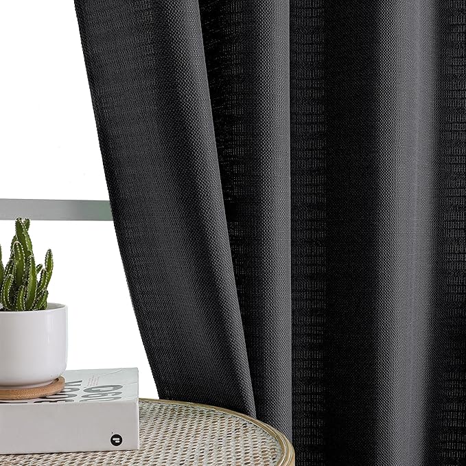 Chyhomenyc Black Faux Linen Textured Small Cafe Curtains, 30x30 Inch, Light Filtering Short Bathroom Curtains, 2PCS