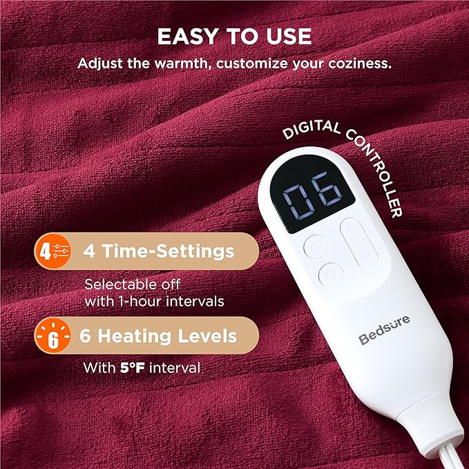 Bedsure Heated Blanket Electric Throw - Soft Flannel Electric Blanket, Heated Throw with 4 Time Settings & 6 Heat Settings, Warm Gift for Grandma (50x60 inches, Burgundy)