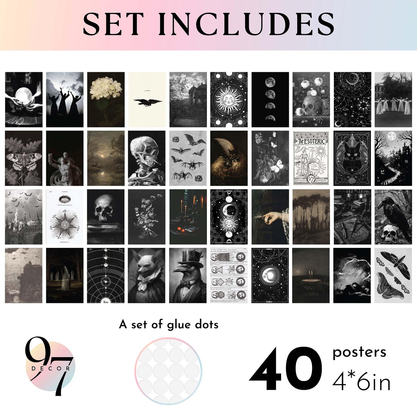 97 Decor Witchy Decor Aesthetic - 40 Pcs Gothic Posters Moody Spooky Home Decors, Gothic Halloween Decorations, Scary Creepy Wall Art Prints, Dark Witchy Wall Collage (4"x6")