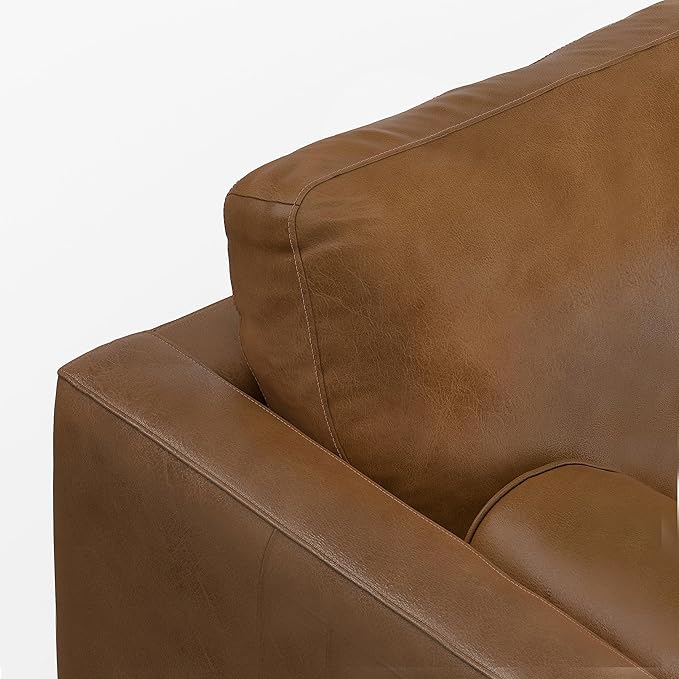 SIMPLIHOME Morrison 72-inch Wide Sofa in Caramel Brown Top Grain Genuine Leather, Mid-Century Modern-Style Loveseat for Living Room, Single Bench Cushion, Removable Back Cushions, 2 Bolster Pillows
