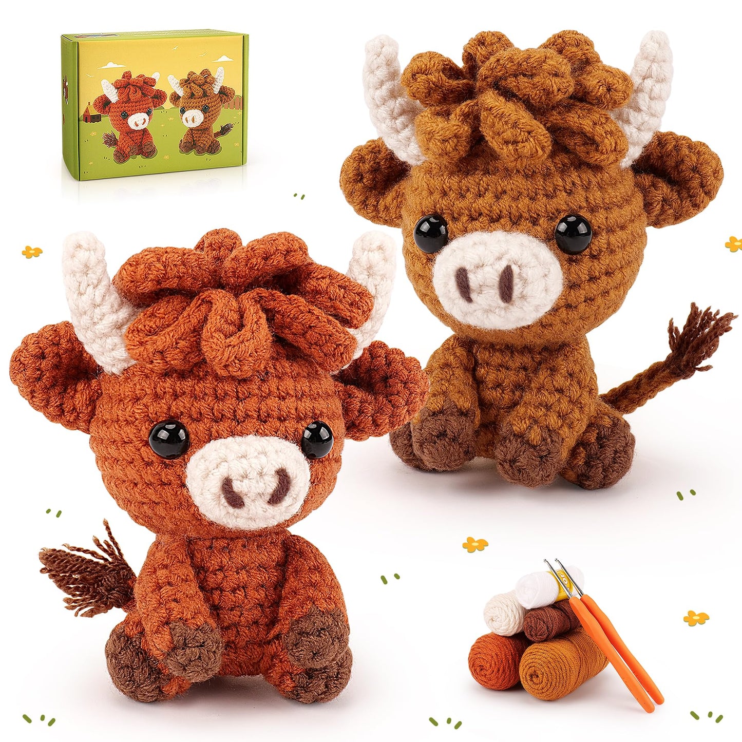 Highland Cow Crochet Kit for Beginners - 2PCS Animals Crochet Kit with Step-by-Step Video Tutorials, Highland Cows Crocheting Kit, Crochet Starter Kit for Adults, Animal Knitting Kit for Birthday