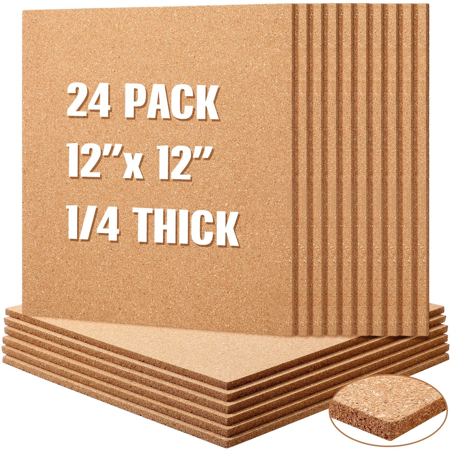 Crtiin 24 Pcs Cork Board Tiles Bulletin Boards 12"x12" 1/4" Thick Square Natural Cork Sheets with Self Adhesive Backing Brown Corkboards for Wall School Office Home DIY Supplies