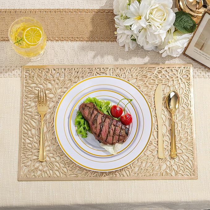 100Pcs Gold Plastic Dessert Plates, Plates Disposable Salad Plate with Gold Rim, Premium Hard Fancy Small Plate, Heavy Duty Plastic Cake Platos for Party, Wedding and Birthday
