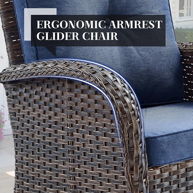 HUMMUH 5 Pieces Patio Furniture Set Wicker Outdoor Bistro Chairs with Ottomans Glass Top Side Table,Outdoor Conversation Set for Porch Deck Backyard Poolside