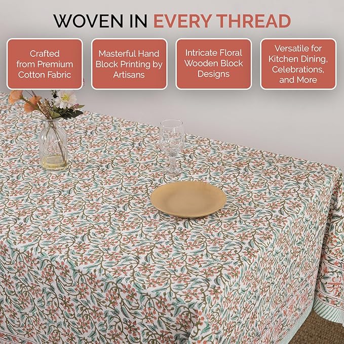 Labhanshi Indian Handblock Print Floral 100% Cotton Canvas Rectangle Table Cloth|72x108 Inch 8-Seater Rustic Farmhouse Decorative Table Cover|Spring Easter Festive Holiday Decor|Berry Pink