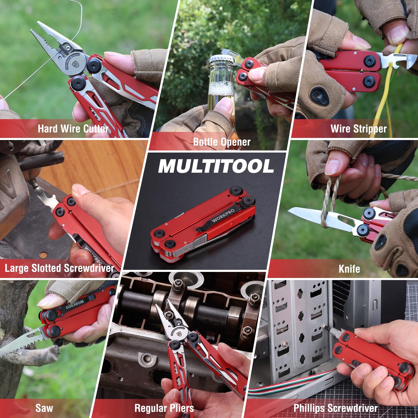 WORKPRO 24-in-1 Mutitool, Stainless Steel Multitool Pliers with Pocket Knife and Screwdrivers, EDC Self-locking Multi Tool with Sheath, Belt Clip for Outdoor Activities, Gifts for Men, Red