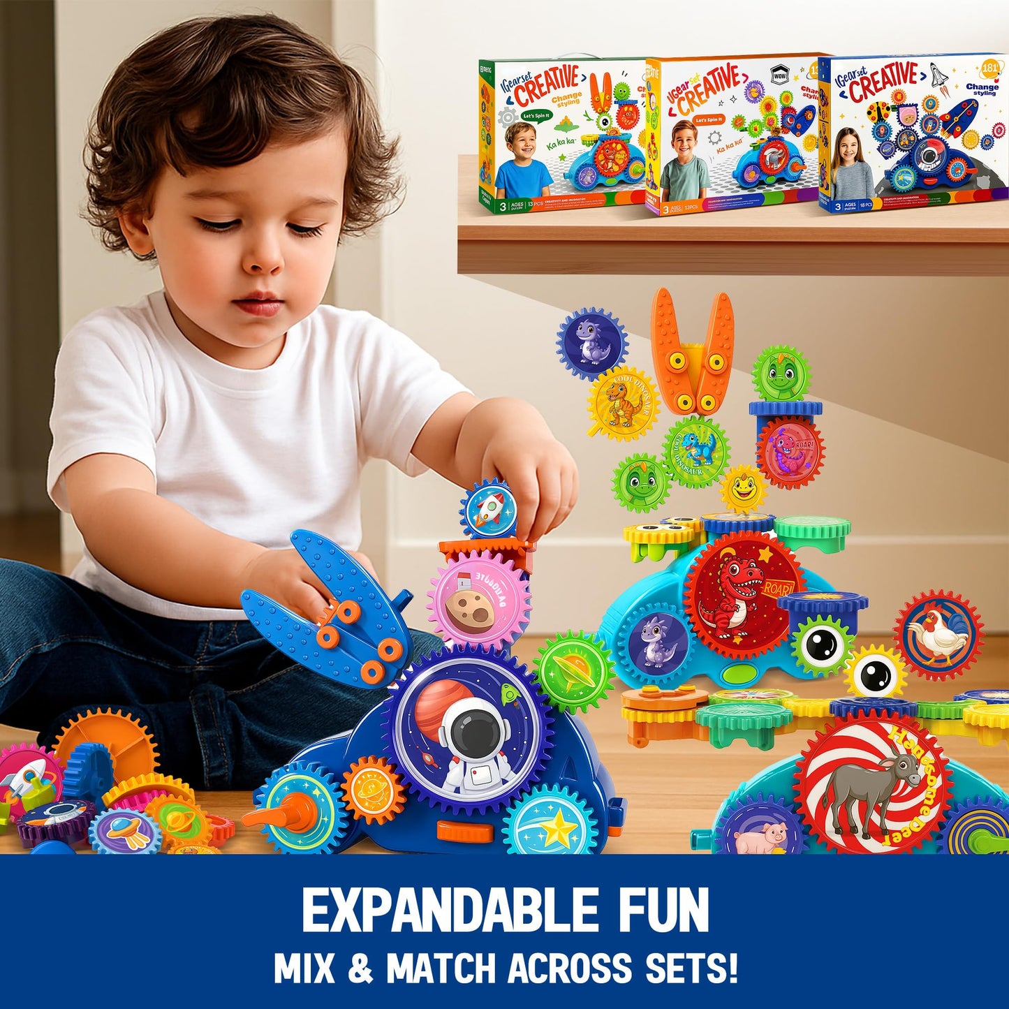 ROHSCE Motorized Spinning Gear Building Toys for Kids, Space Rocket STEM Construction Set, Educational Interlocking Building Blocks Puzzle | Gear Toys for Toddlers Ages 3-8